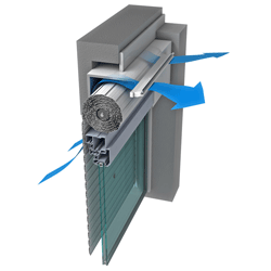 Kameleontti-venttiili säleverhokoneistolla varustetussa alumiini-ikkunassa